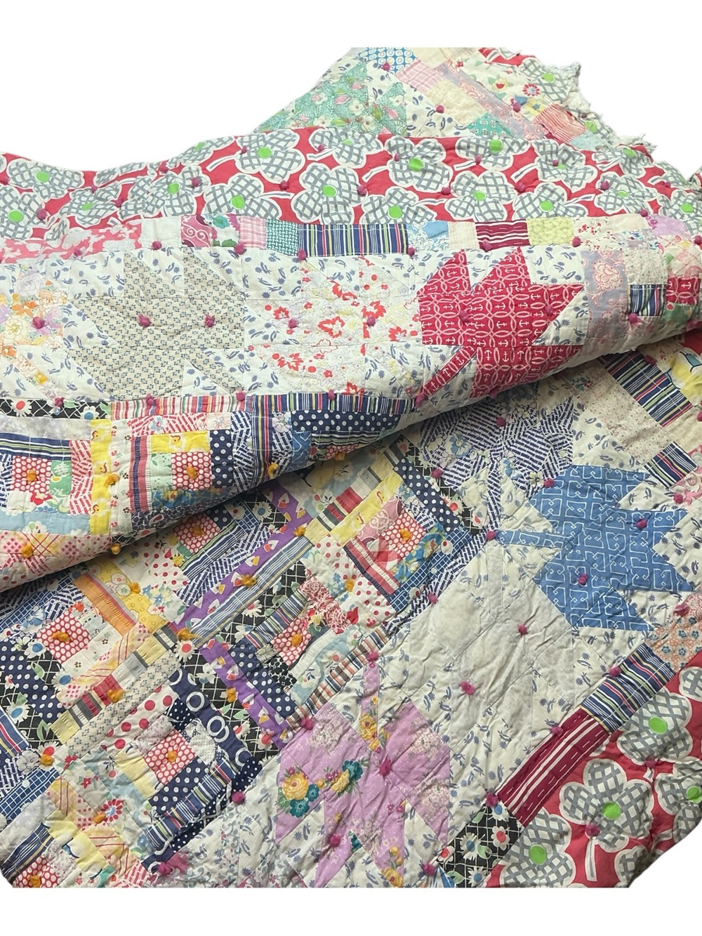 Vintage multicolored patchwork quilt 65 x 80 USA made fair condition